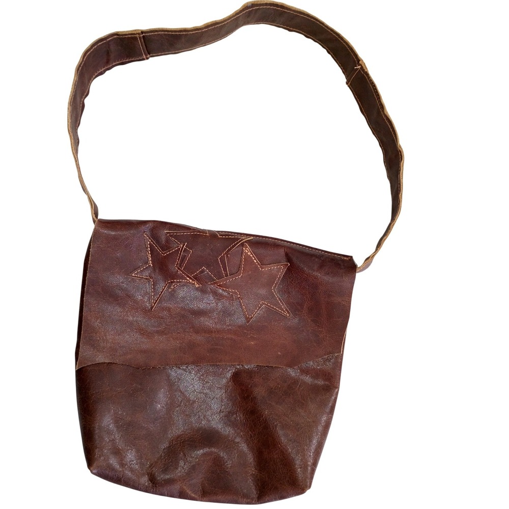 Brown Leather Star Applique Crossbody Messenger Bag Boho Distressed By Dorthea
